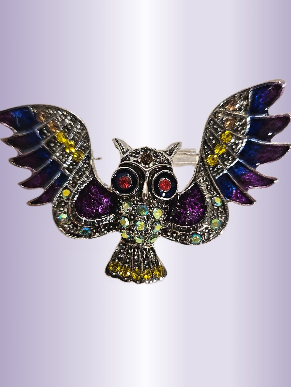 Multicolor Crystal Owl Pendant Necklace in Purple and Blue
